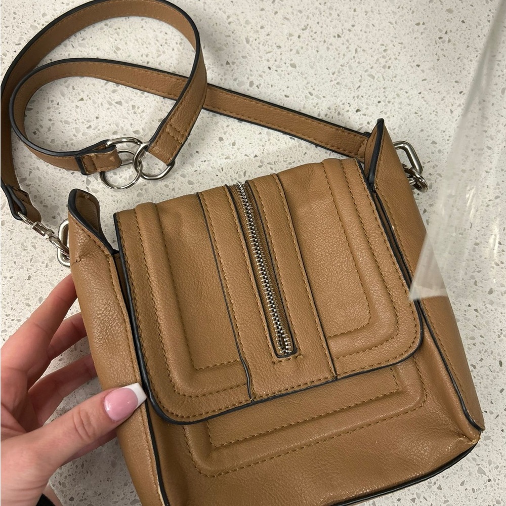 Compact Tan Mini Crossbody Bag with Front Zip Accent